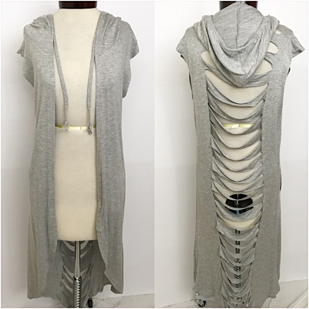 Distressed Hooded Cardi Vest Coverup O/S - Picture 4 of 5